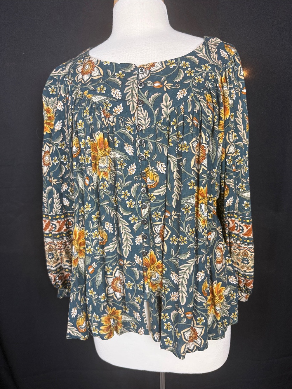 Rachel Zoe Bohemian Floral Peasant Top - Green with Mustard Bloom